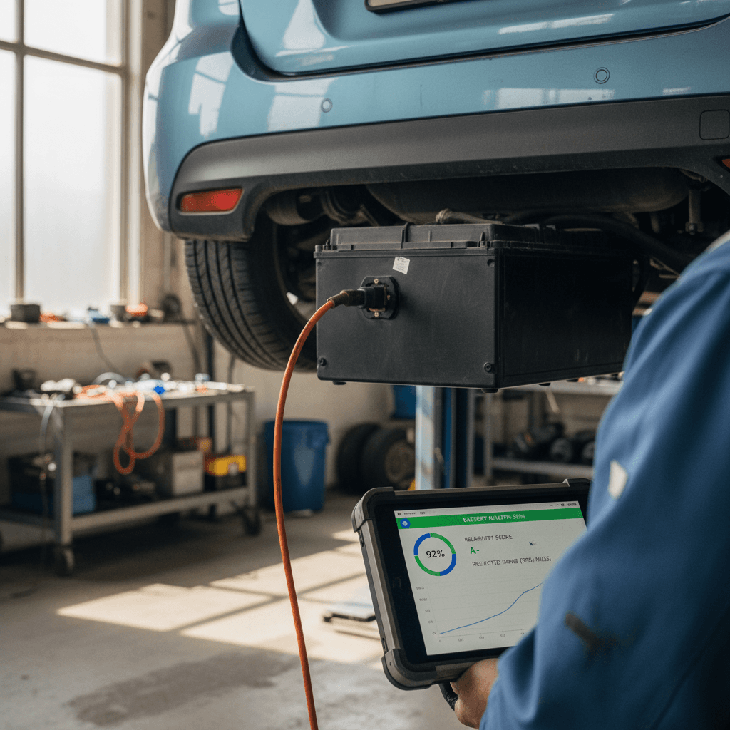 Technician checking detailed battery health data on a diagnostic tablet connected to a used electric car