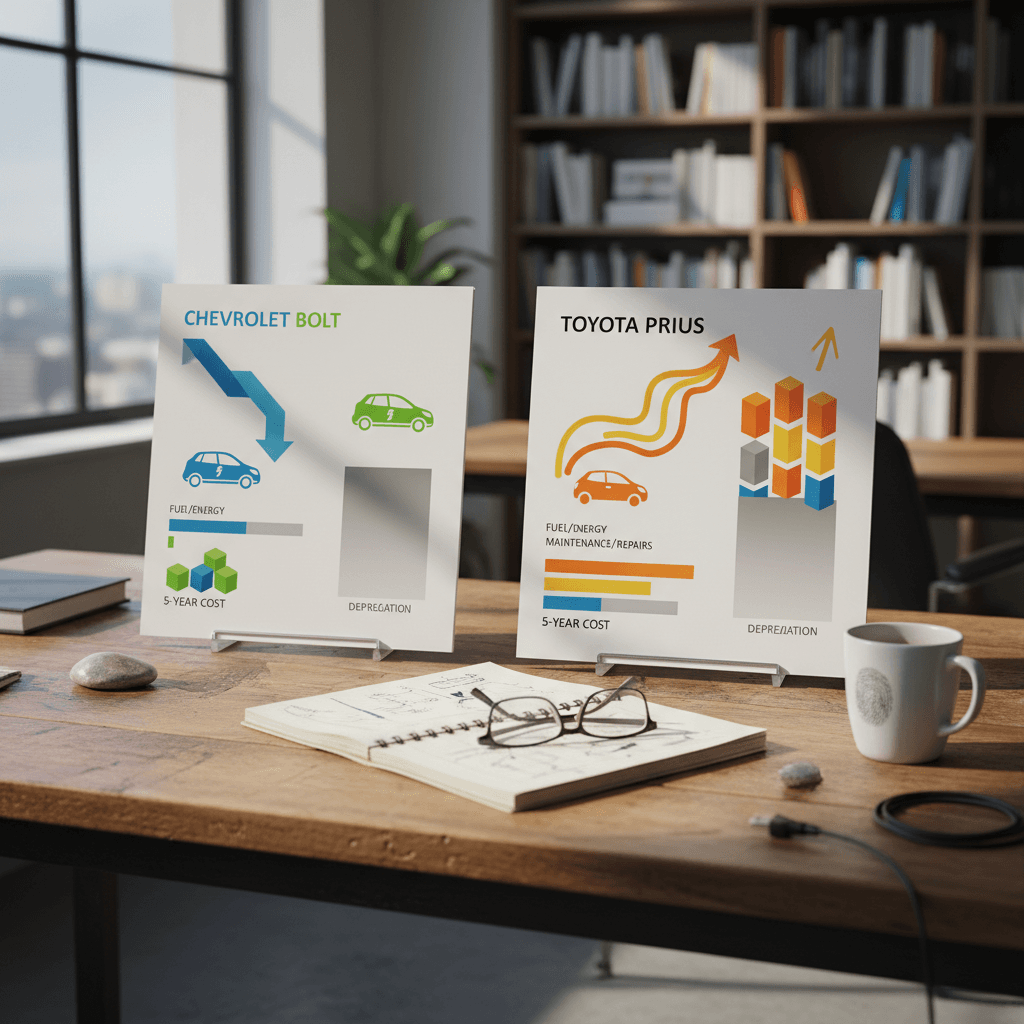Side-by-side graphic comparing five-year ownership costs for a Chevrolet Bolt and a Toyota Prius
