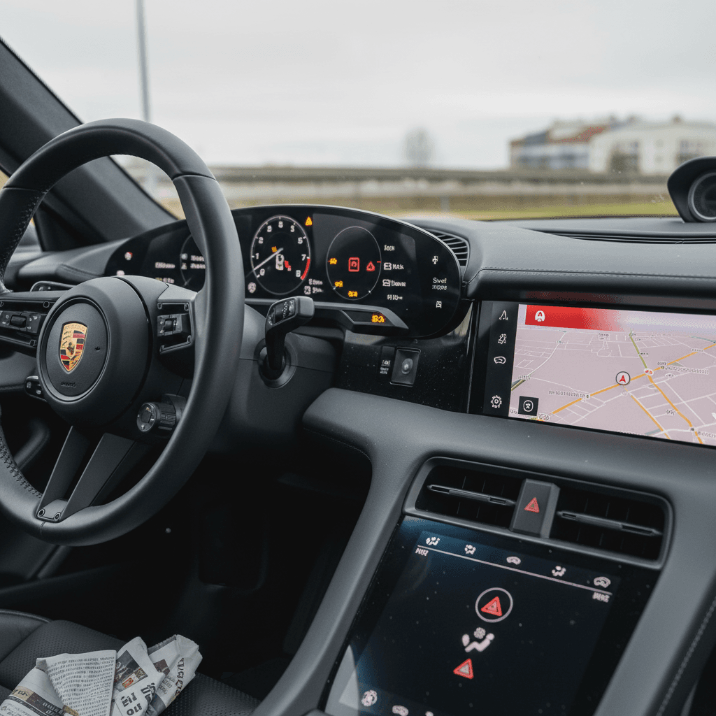 Interior of a 2022 Porsche Taycan with digital cluster showing warning lights related to battery and safety systems