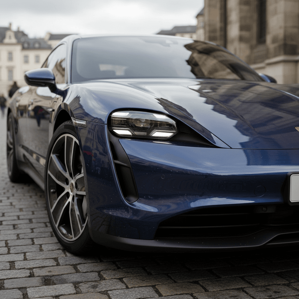 Close-up of a Porsche Taycan plugged into a DC fast charger, showing the charging port and cable