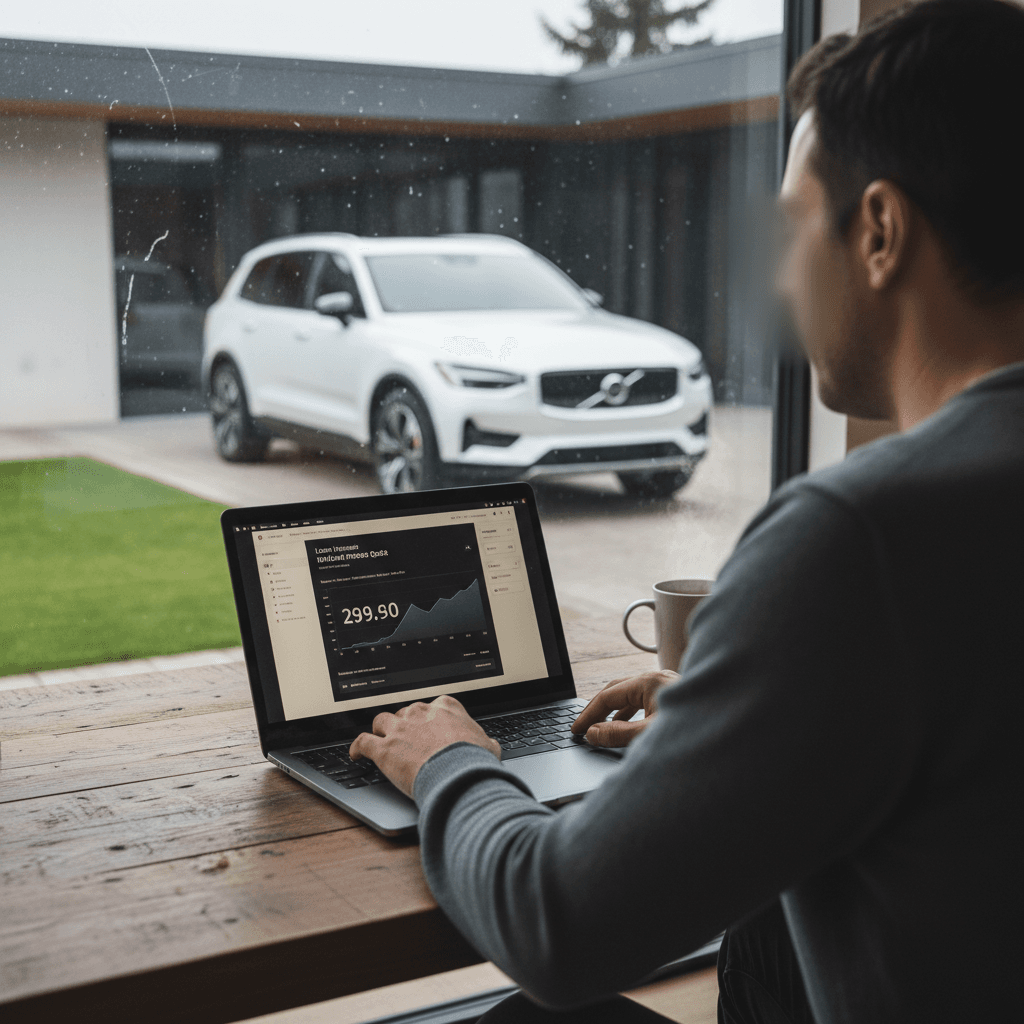 Person reviewing total cost of ownership for a Volvo EX90 on a laptop, including insurance and financing, with the EX90 parked outside.
