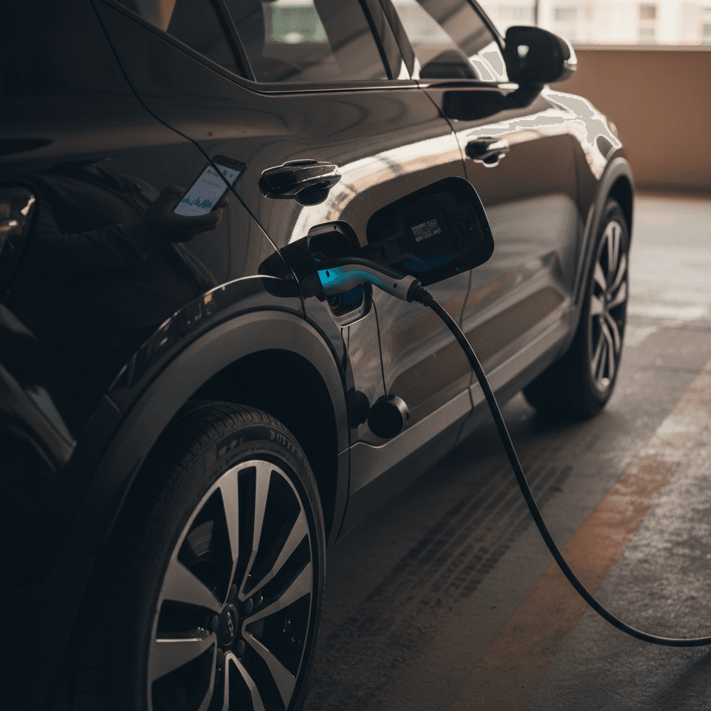 Owner checking Volvo EX30 battery and value on smartphone while the EV charges at home