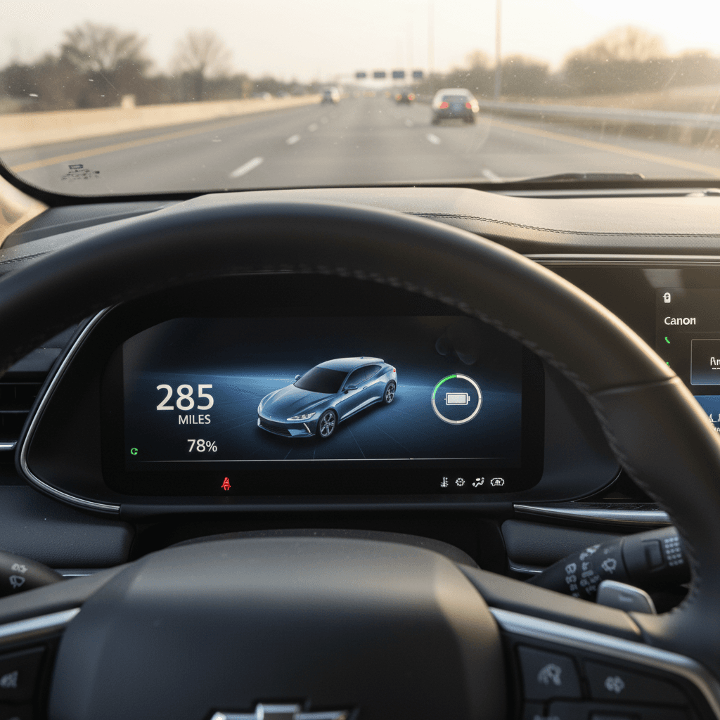 2025 Chevy Blazer EV instrument cluster showing remaining range and energy consumption at highway speed