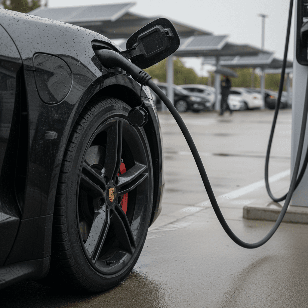 Close-up of a Porsche Taycan plugged into a DC fast charger, highlighting the charge port and wheel