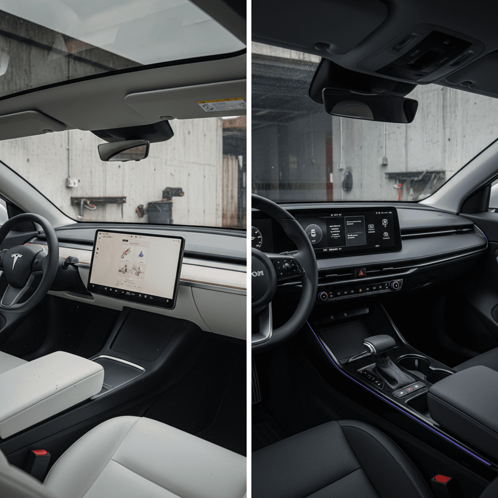 Tesla Model Y and Subaru Solterra parked at a forest trailhead, highlighting their SUV size and cargo access