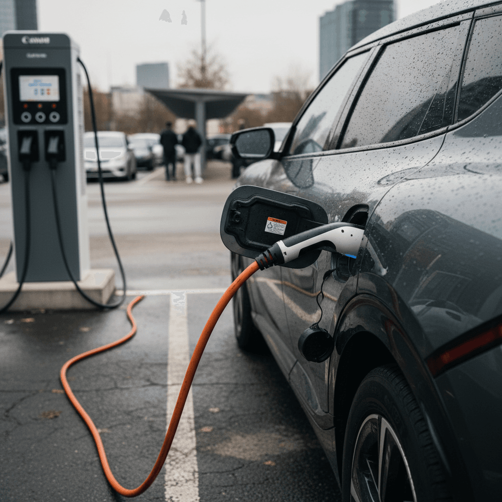 Used 2022 Kia EV6 plugged into a DC fast charger at a public station