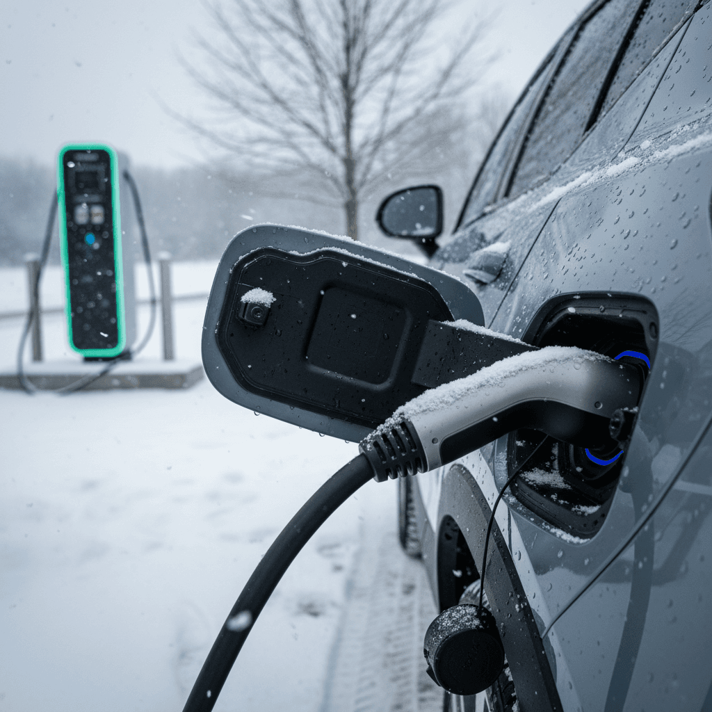 Mazda MX-30 energy and range display screen showing reduced range estimate on a cold winter morning