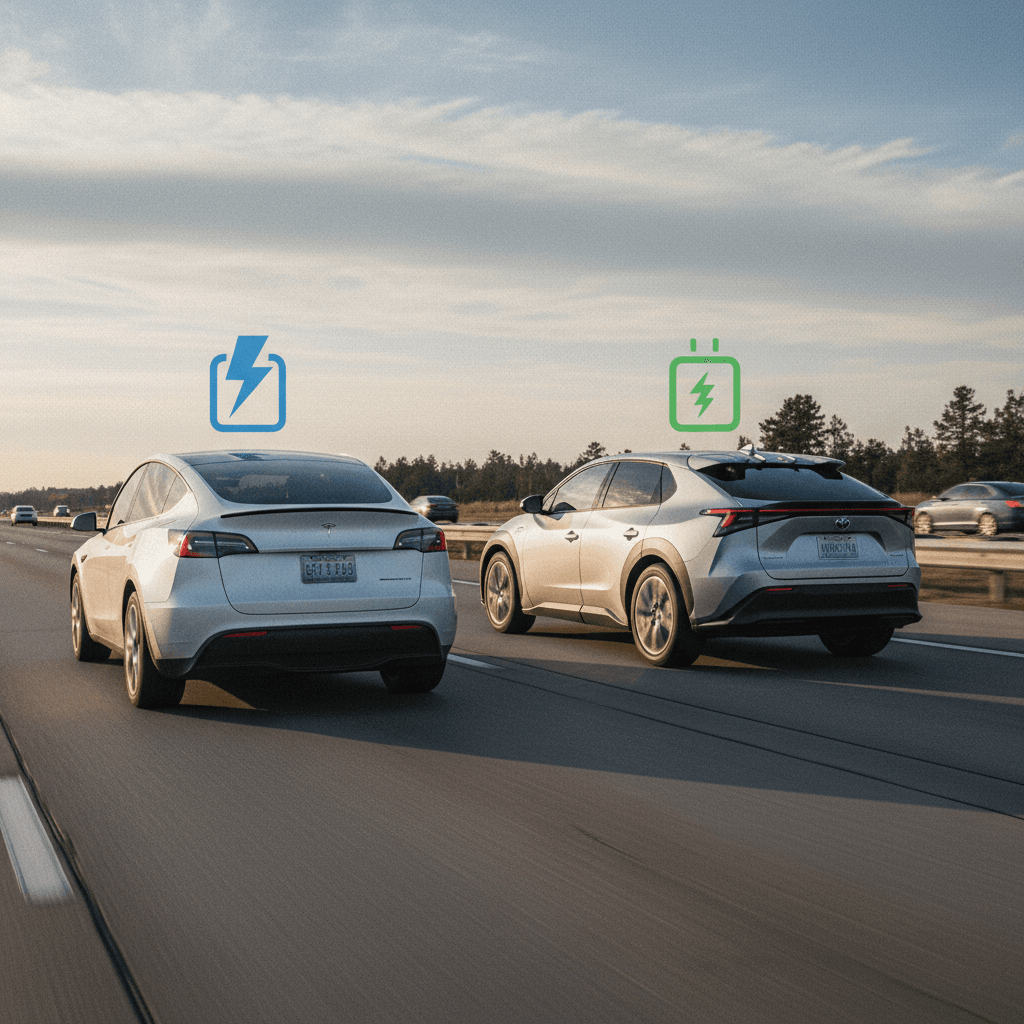 Side-by-side Tesla Model Y and Toyota bZ4X electric SUVs driving on a highway with digital charging and range icons overlaid