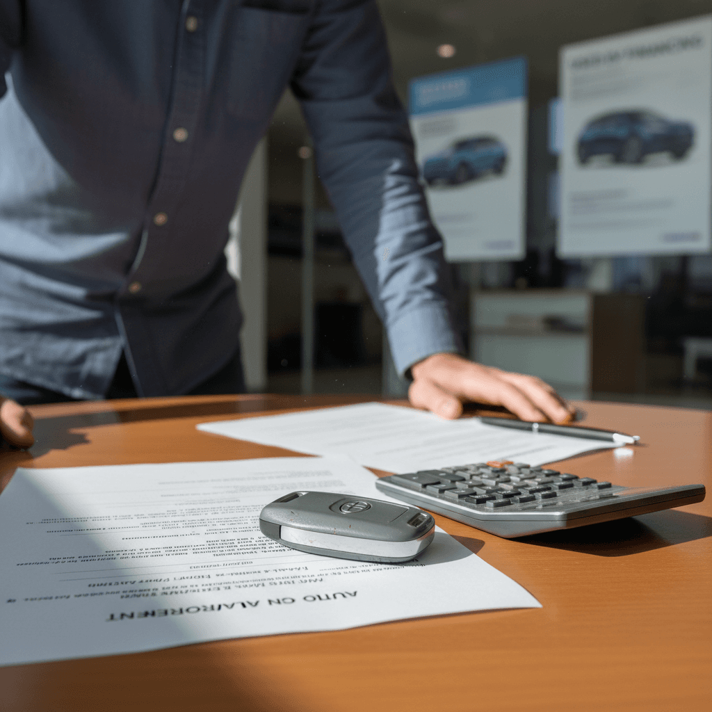 Person reviewing auto loan documents and a calculator next to a Toyota key fob, planning financing for a used bZ4X