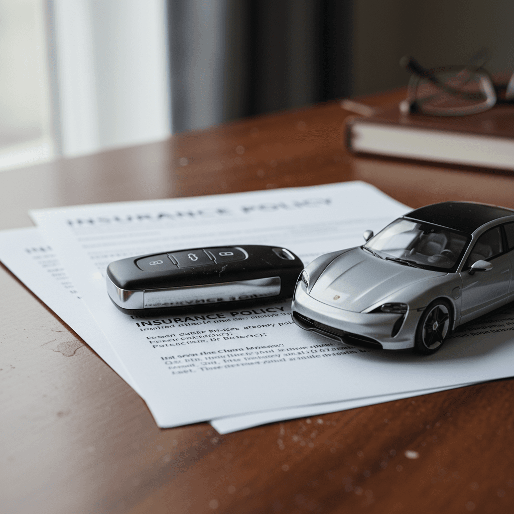 Insurance paperwork and Porsche Taycan key fob on a desk, representing monthly insurance planning