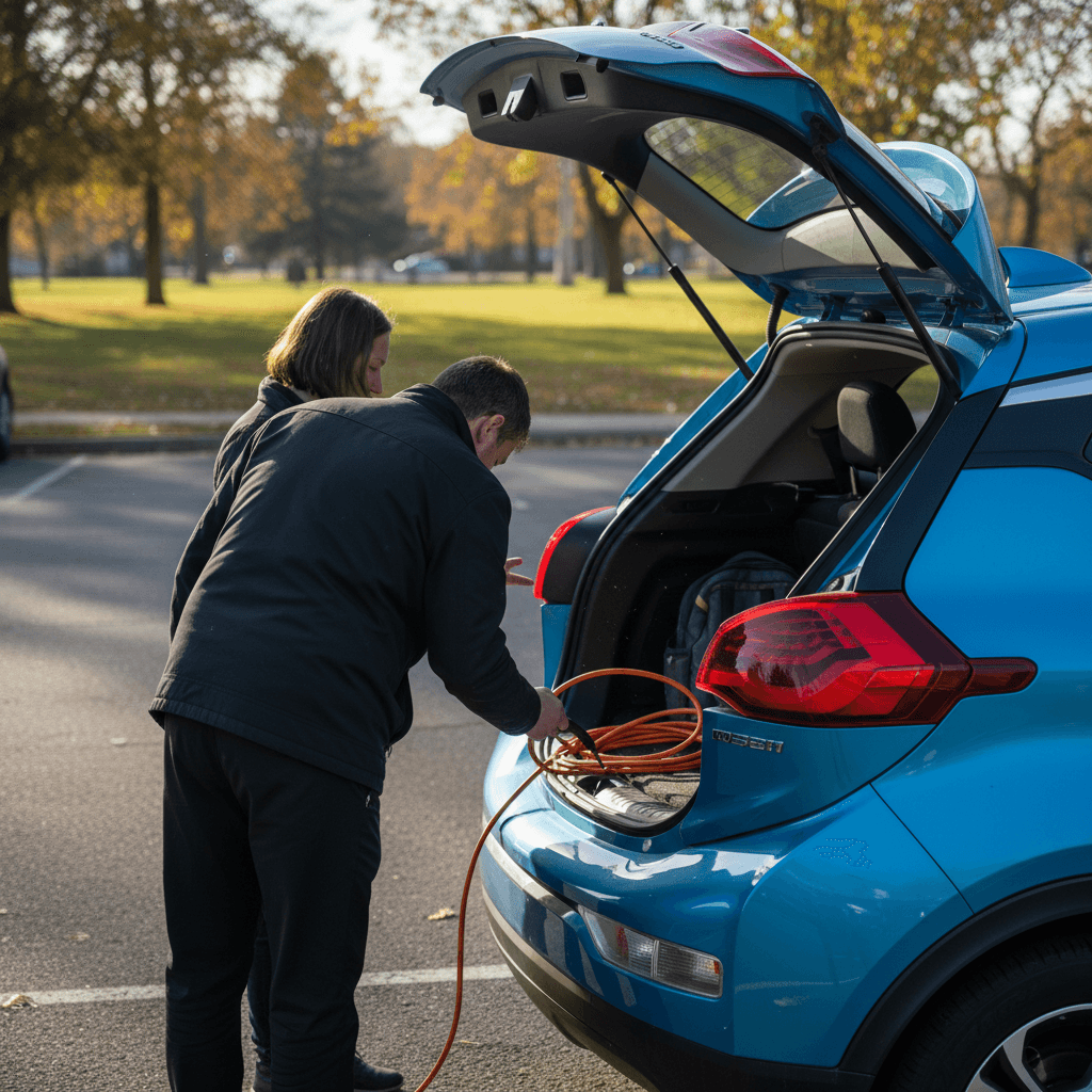 Prospective buyer inspecting a Chevy Bolt EV’s cargo area and charging cable during a meet‑up for a private sale.