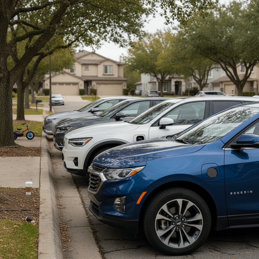 Lineup of several popular electric SUVs parked along a quiet suburban cul-de-sac, illustrating family EV choices for 2026