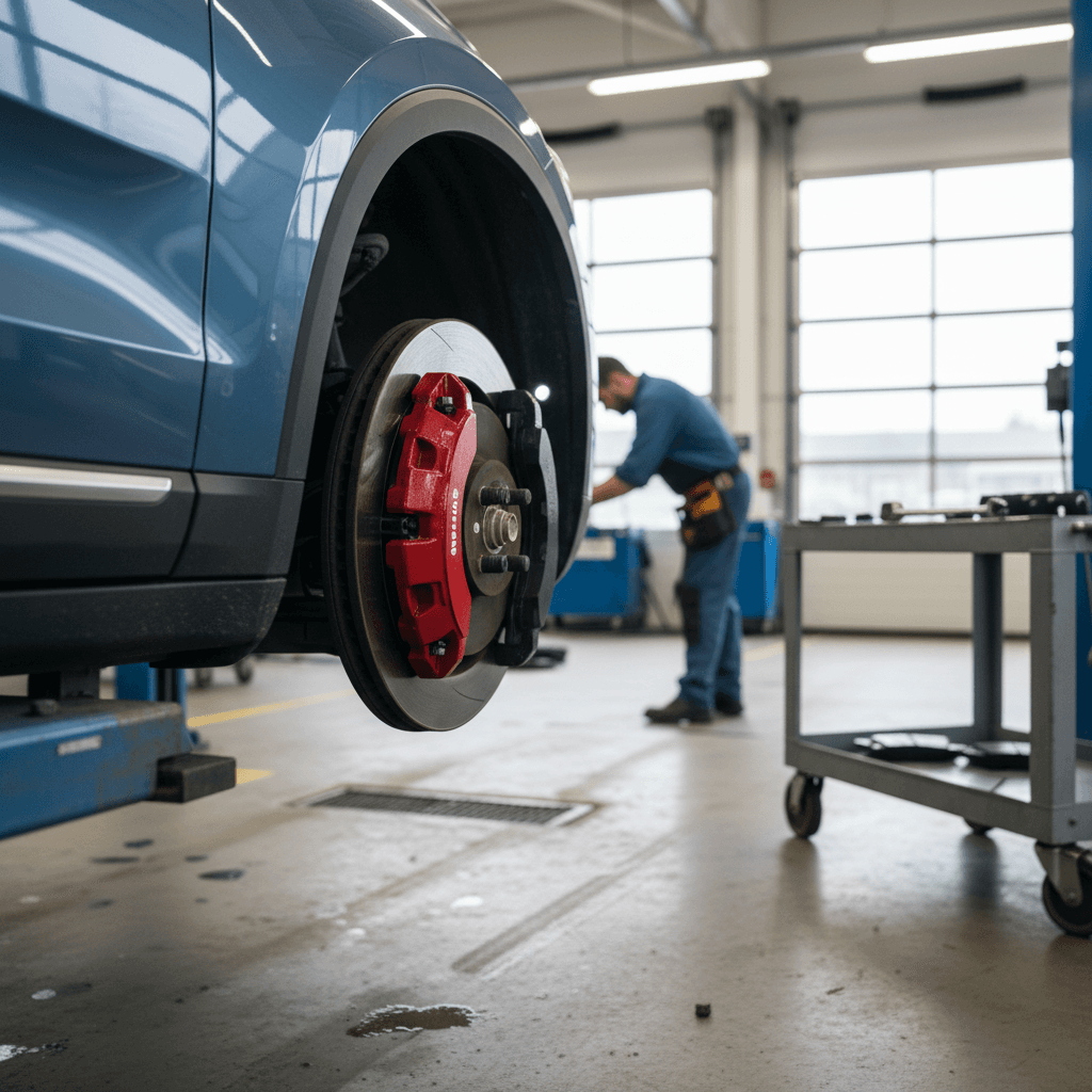 Technician inspecting front brake caliper and pads on a modern electric Volvo SUV in a service bay