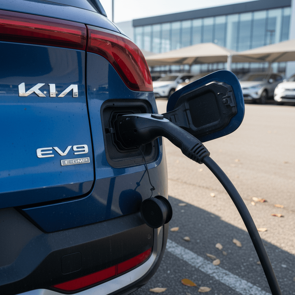 Kia EV9 rear badge and charging port, highlighting an EV9 being evaluated for trade-in at a dealership