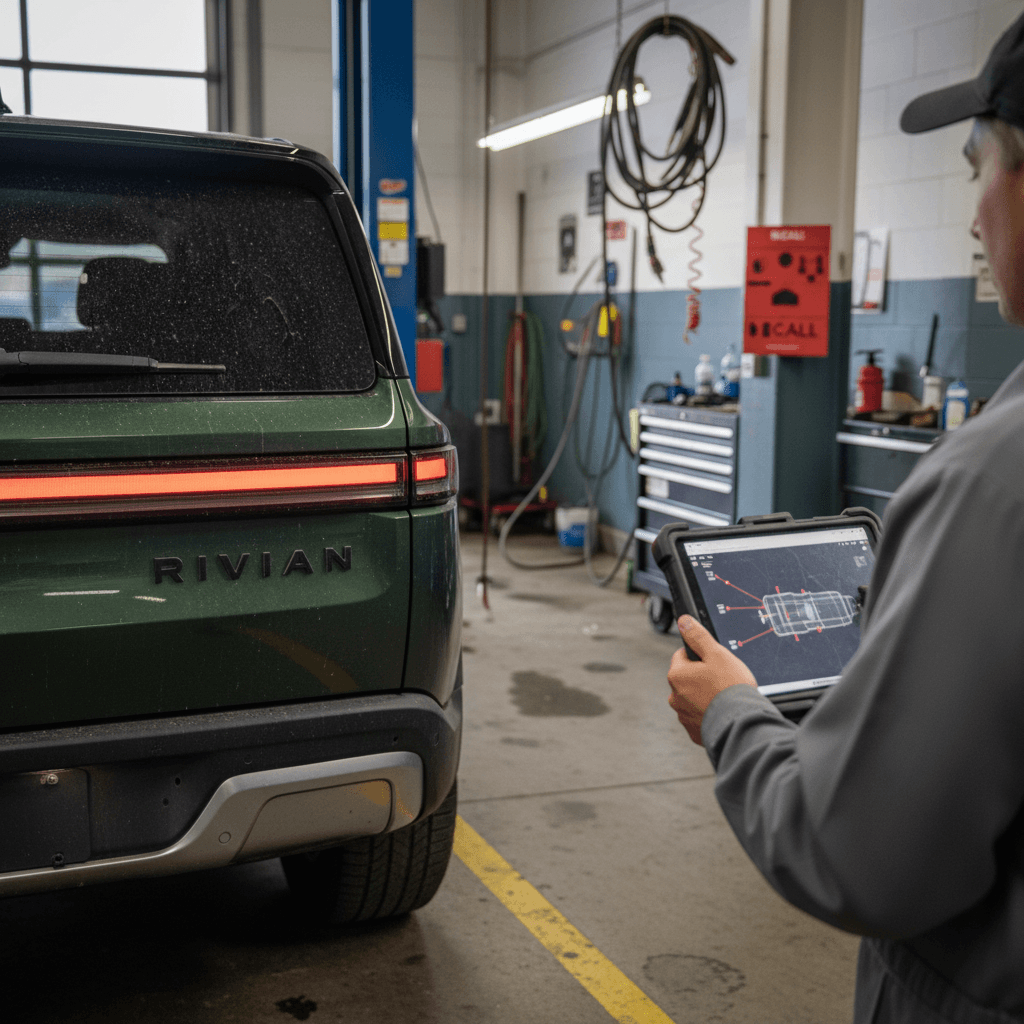 Rivian R1S in a service bay while a technician reviews a digital recall checklist on a tablet