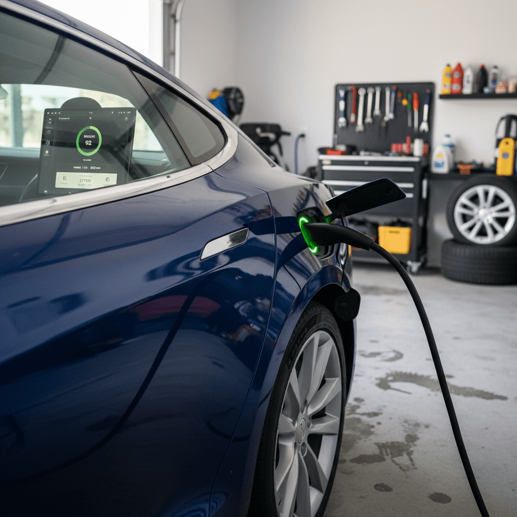 Owner checking detailed battery health and range data for a Tesla Model S while it charges in a clean home garage