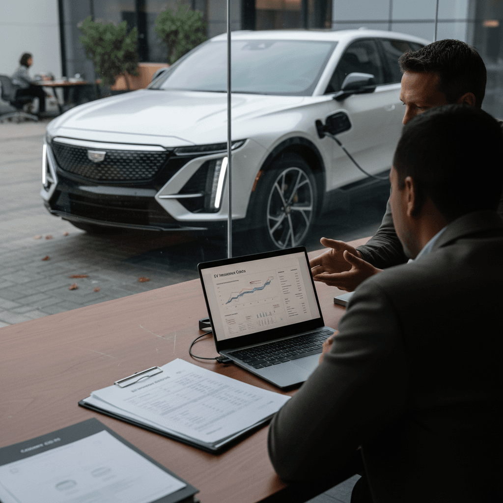 Driver reviewing Cadillac Lyriq insurance options with an agent while comparing coverage and cost on a laptop