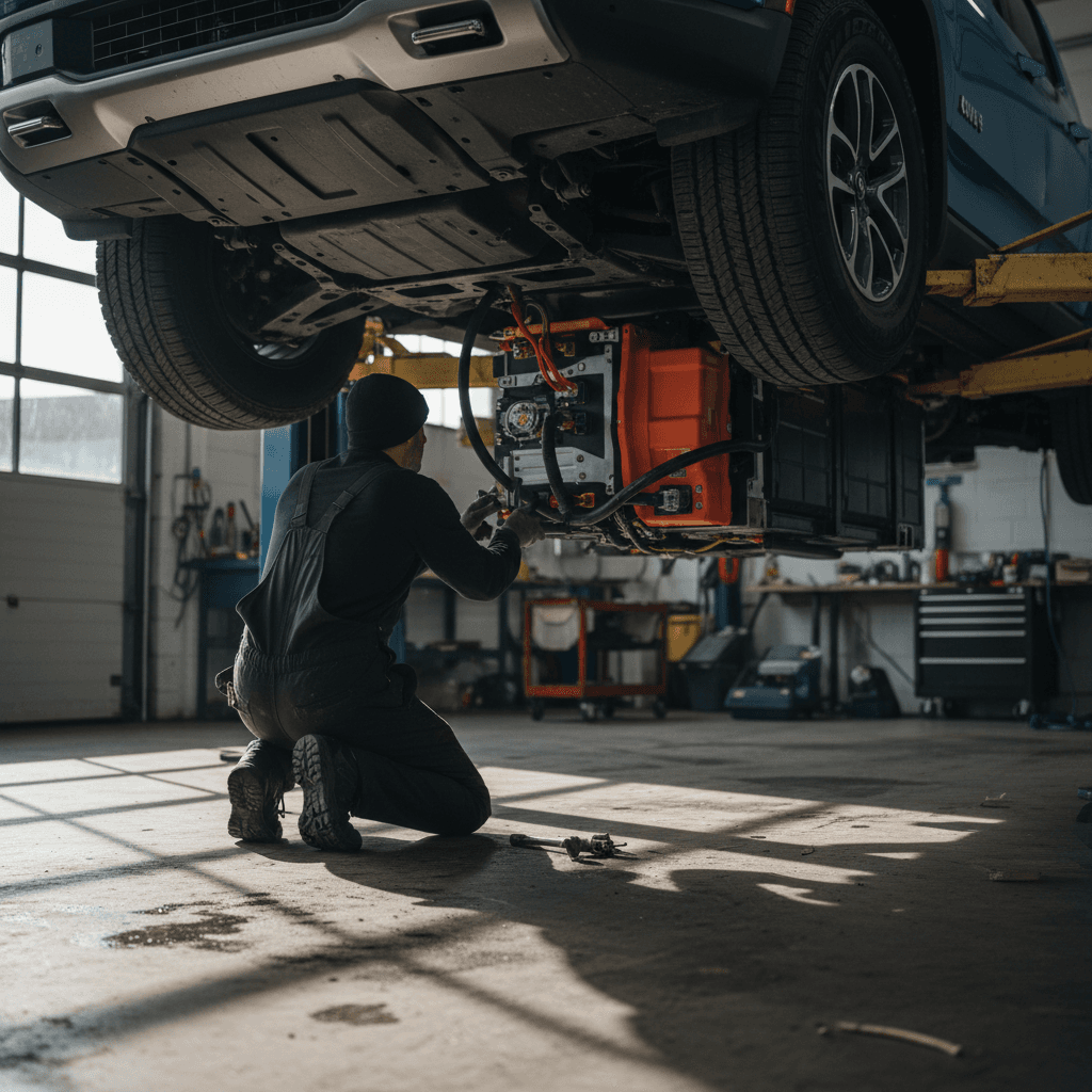 Rivian R1T on a lift in a service bay with its high-voltage battery pack exposed during inspection