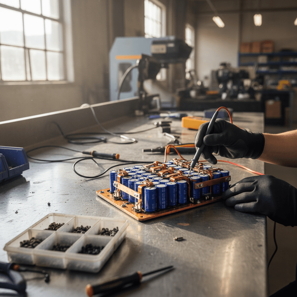 Technician inspecting opened electric vehicle battery modules on a workbench during recycling preparation