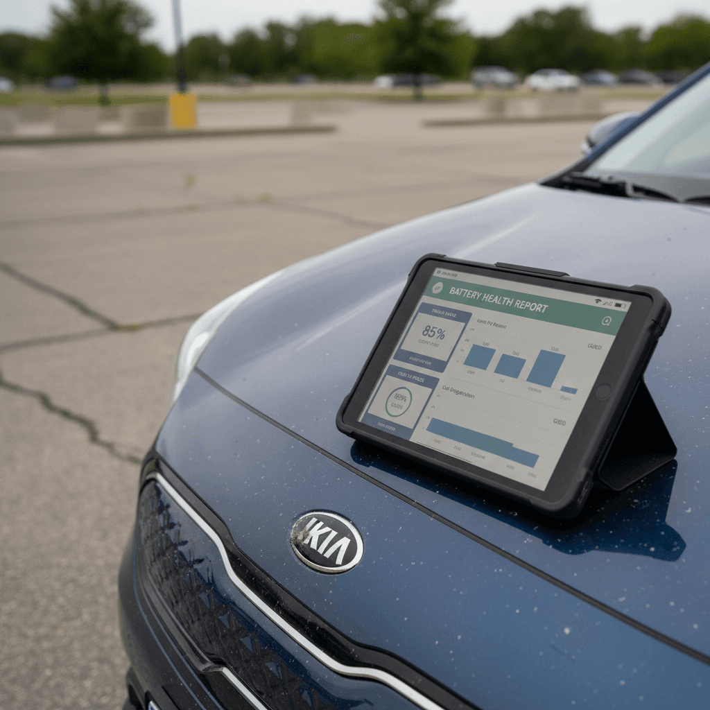 Technician reviewing a Kia Niro EV battery health report on a tablet next to the vehicle