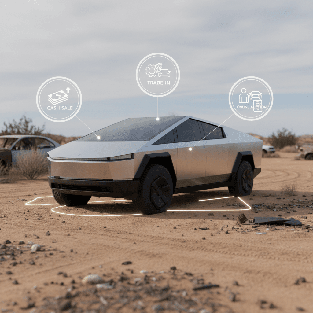 Diagram comparing different ways to sell a used Tesla Cybertruck, including Tesla trade-in, online buyer, private sale, auction, and EV marketplace