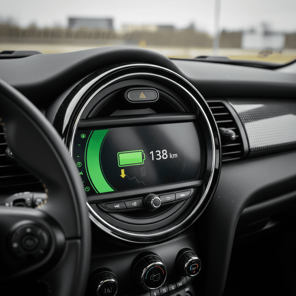 Mini Cooper SE instrument cluster showing battery charge, remaining range, and trip information for a health check