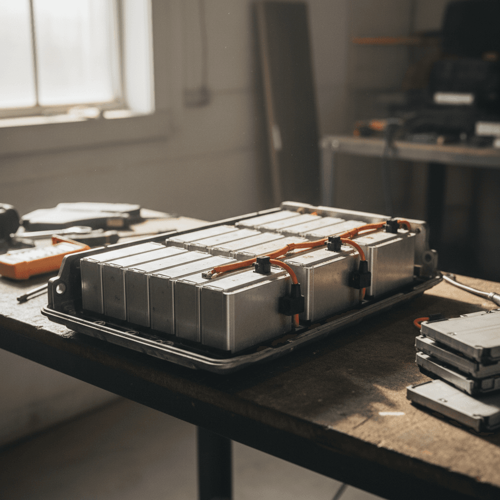 View of an electric car battery pack mounted under the vehicle floor on a lift