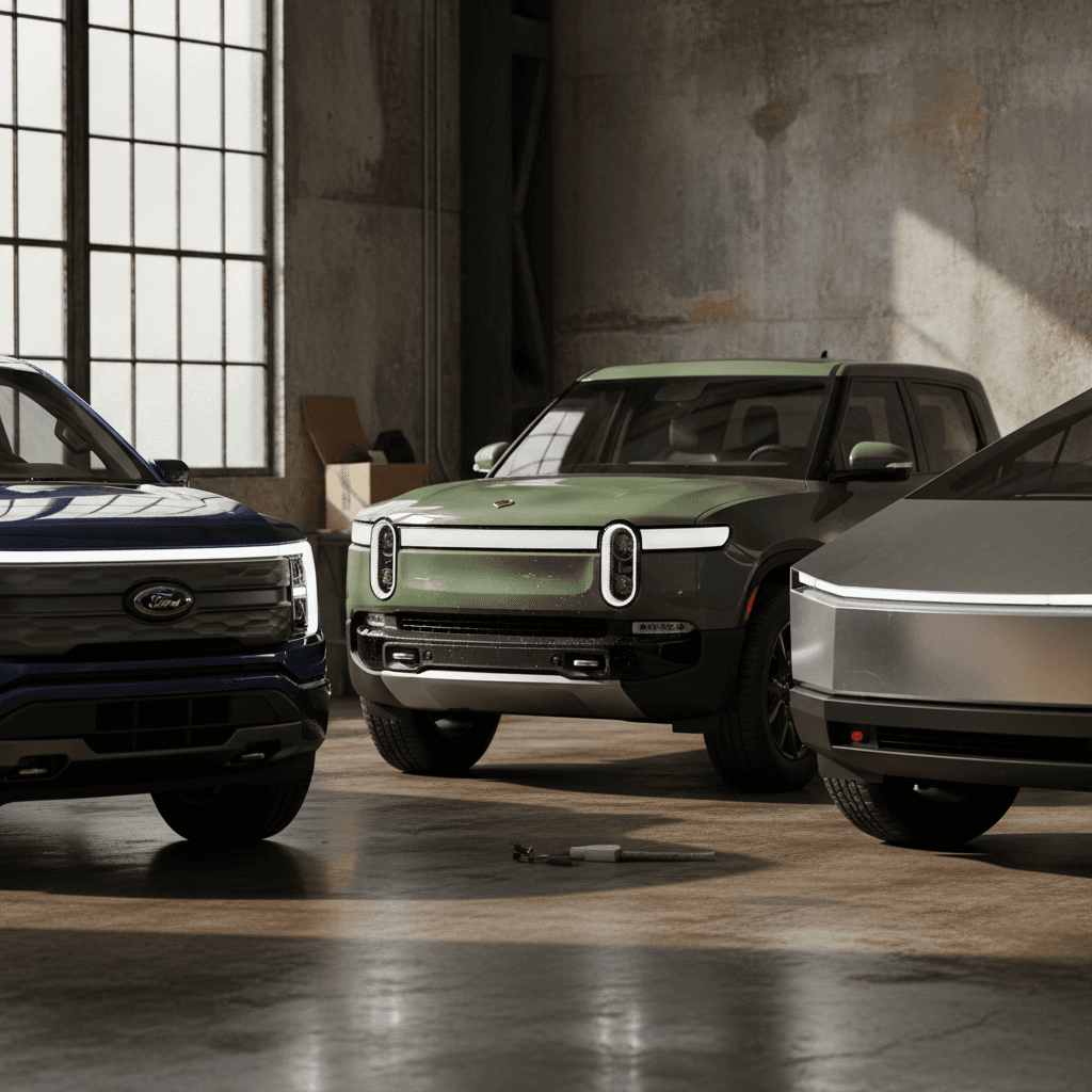 Lineup of modern electric pickup trucks, including Rivian, Tesla and GM models, in a studio side by side