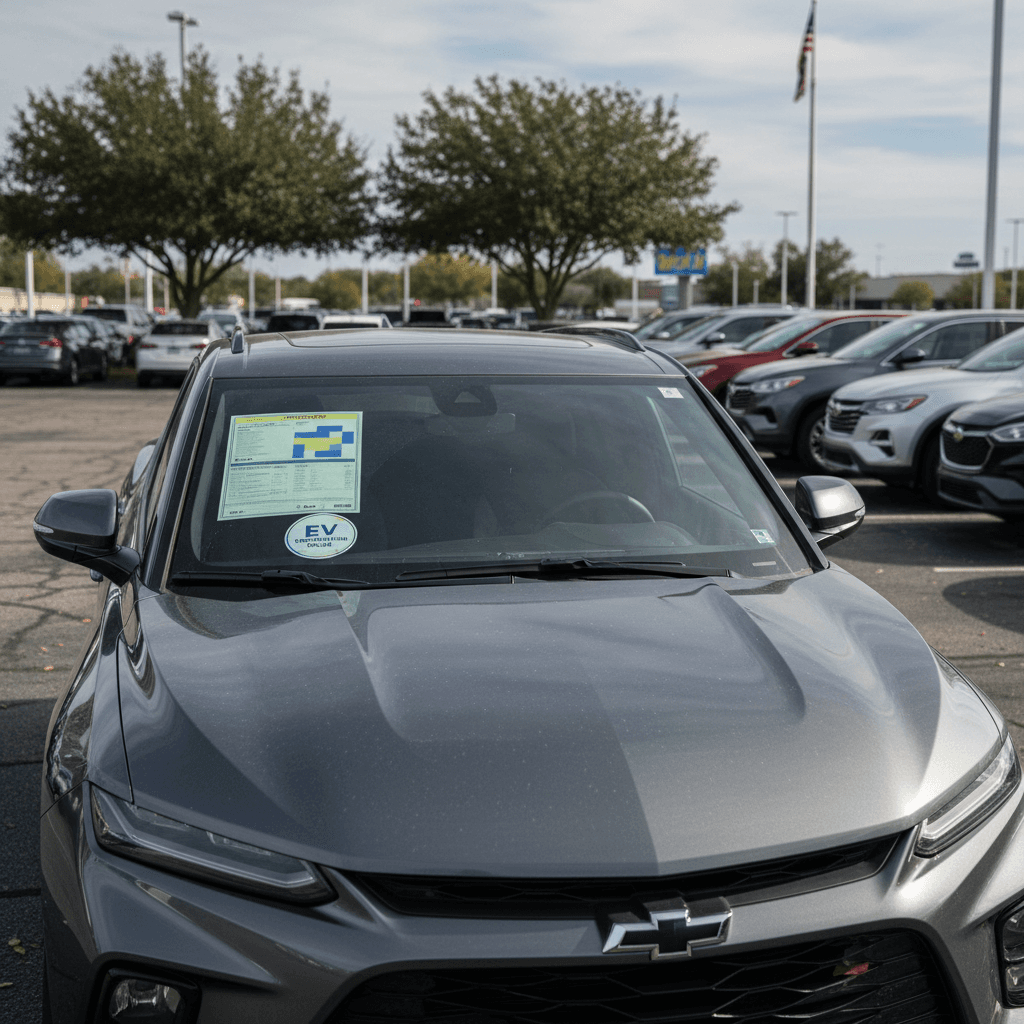 Used Chevrolet Blazer EV parked on a dealer lot, highlighting its potential as a three-year-old EV value buy