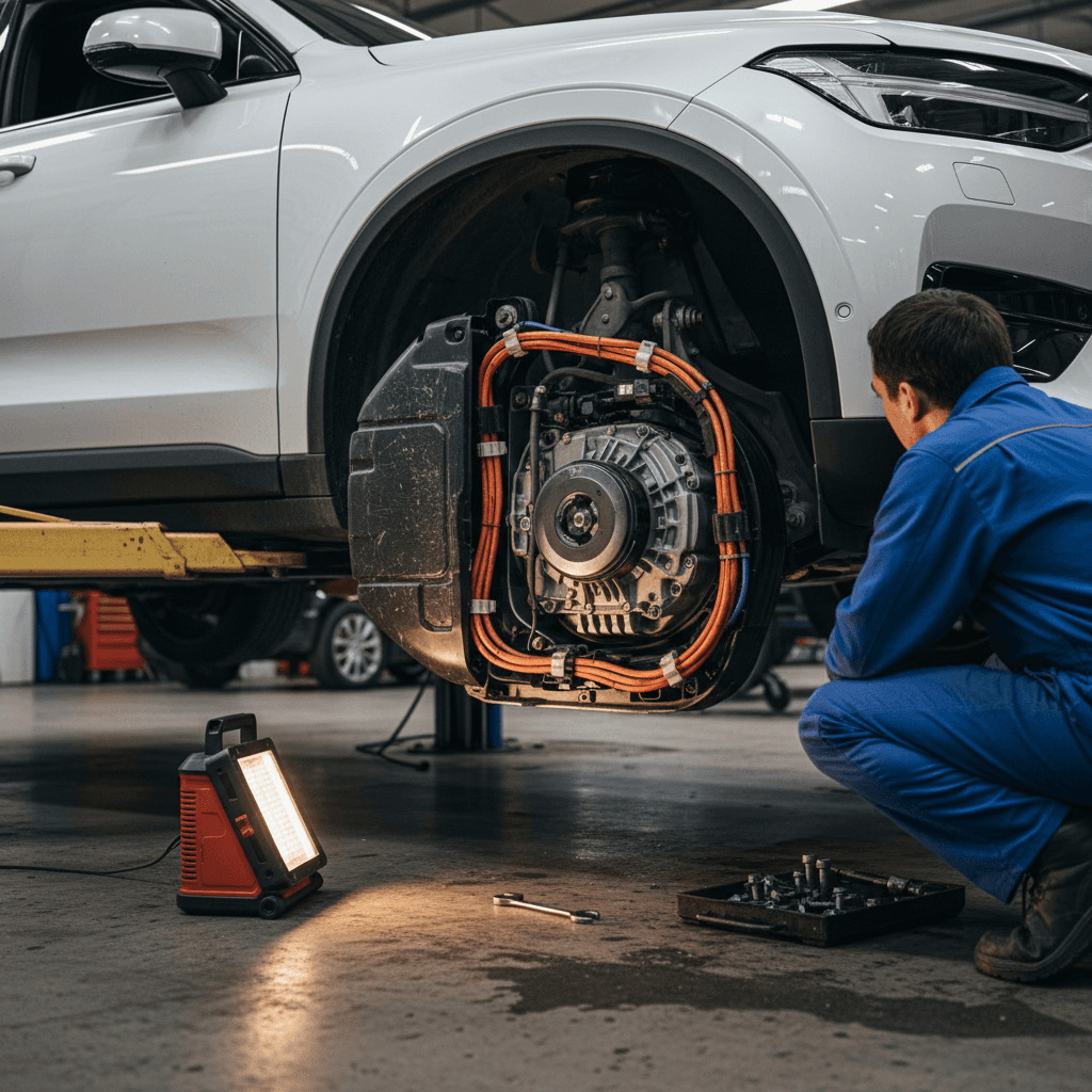 Technician inspecting the underside of a Volvo EX90 in a dealership service bay
