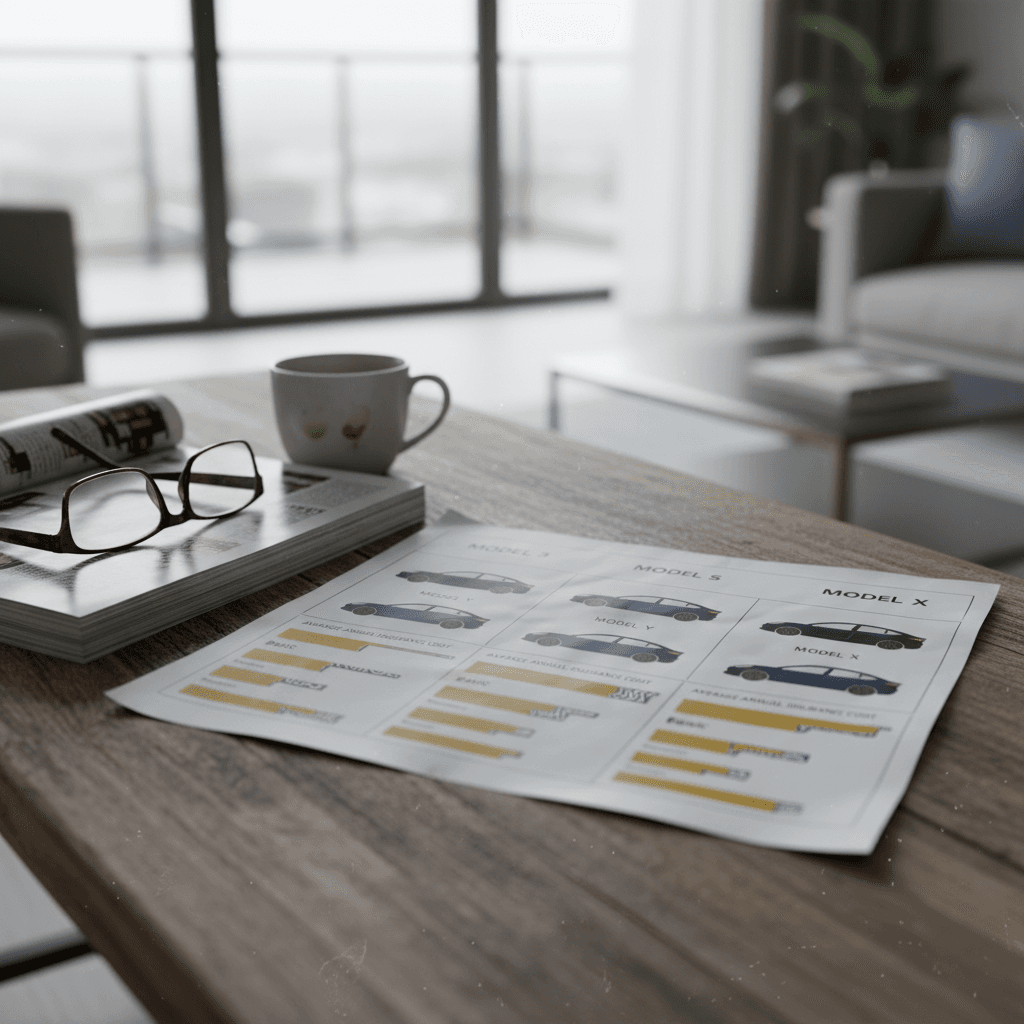 Infographic comparing average 2026 Tesla insurance costs by model, from Model 3 up to Cybertruck