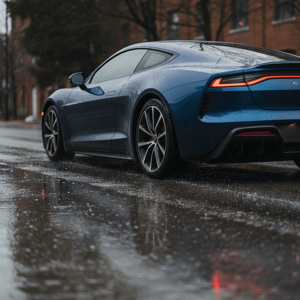 Electric car charging at a city station at night with colorful lights