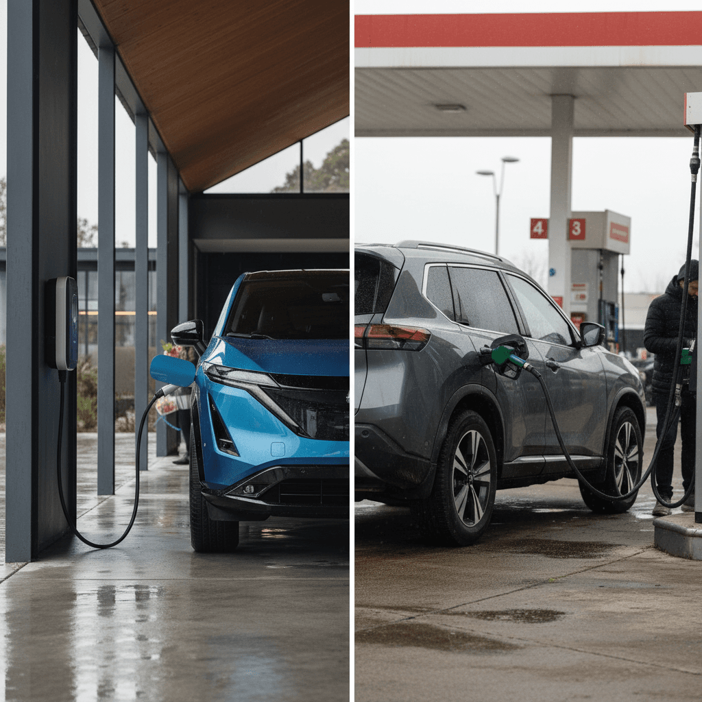 Electric Nissan Ariya charging at home next to a gasoline Nissan Rogue being refueled, illustrating different energy costs
