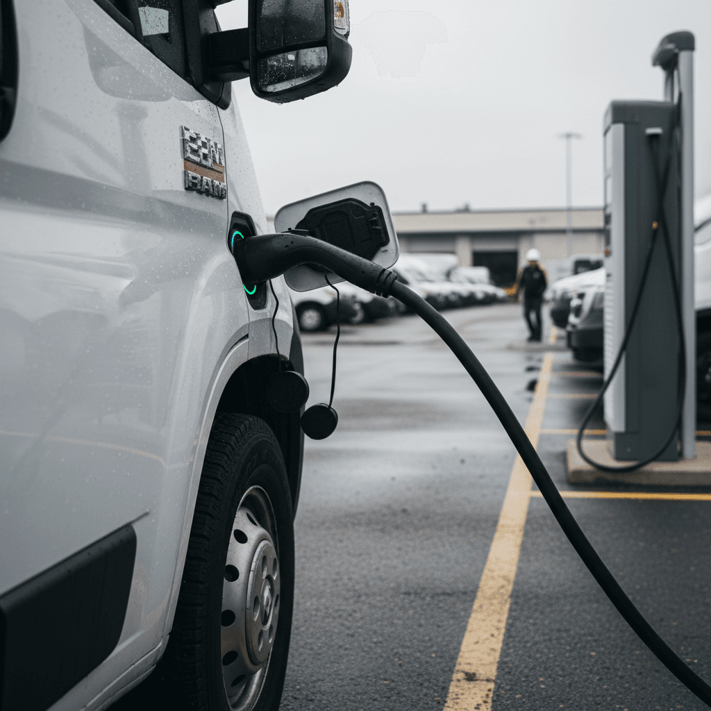 Ram ProMaster EV cargo van plugged into a DC fast charger at a commercial depot, driver walking toward loading dock