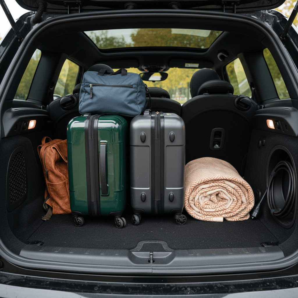 Mini Cooper Electric rear cargo area showing split-folding seats and suitcase loading