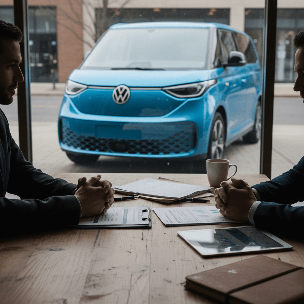 Insurance professional and driver discussing coverage options with a Volkswagen ID. Buzz visible outside the office window