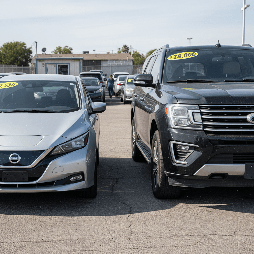 Used car lot with both electric hatchbacks and gas SUVs lined up with price stickers