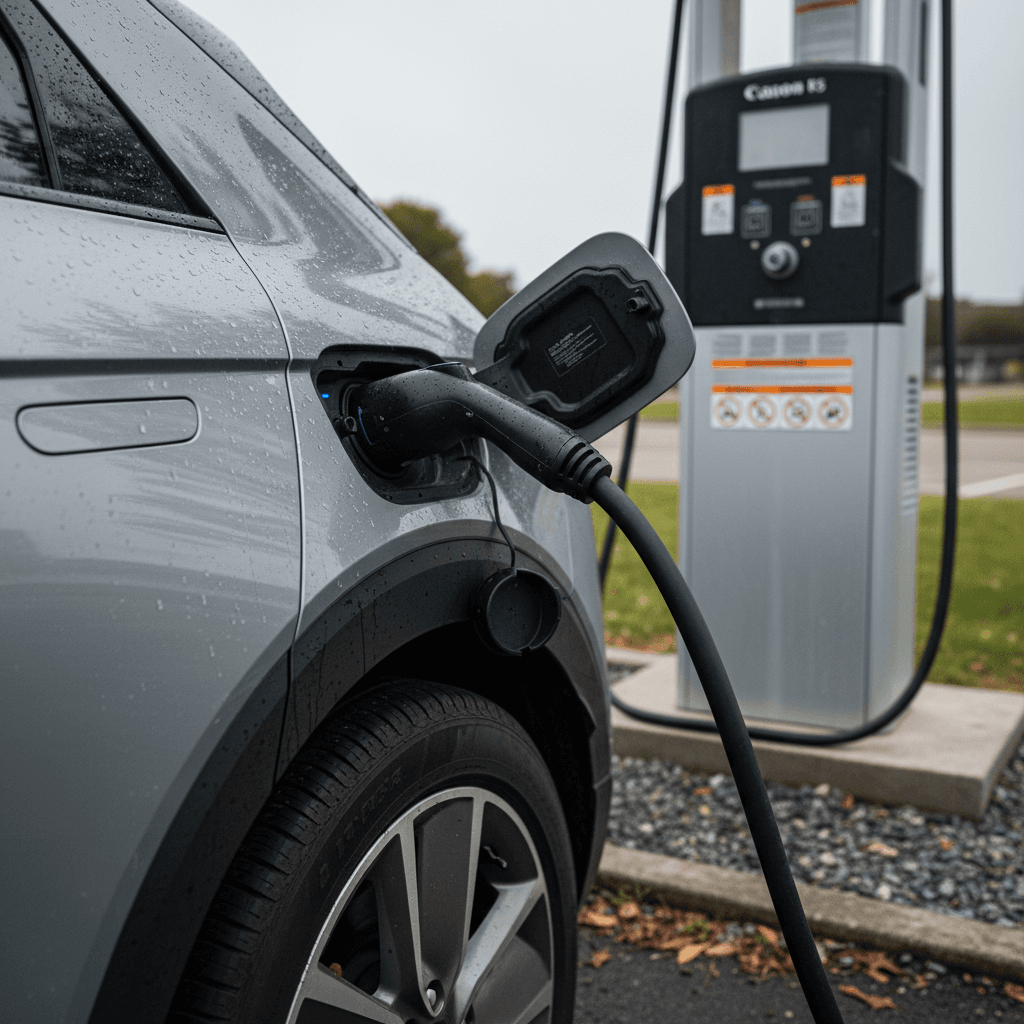 Used electric crossover plugged into a DC fast charger, emphasizing charging cable and port