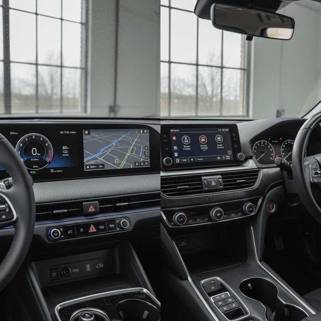 Side-by-side interiors of Hyundai Ioniq 6 and Honda Accord showing digital EV cockpit versus traditional sedan layout
