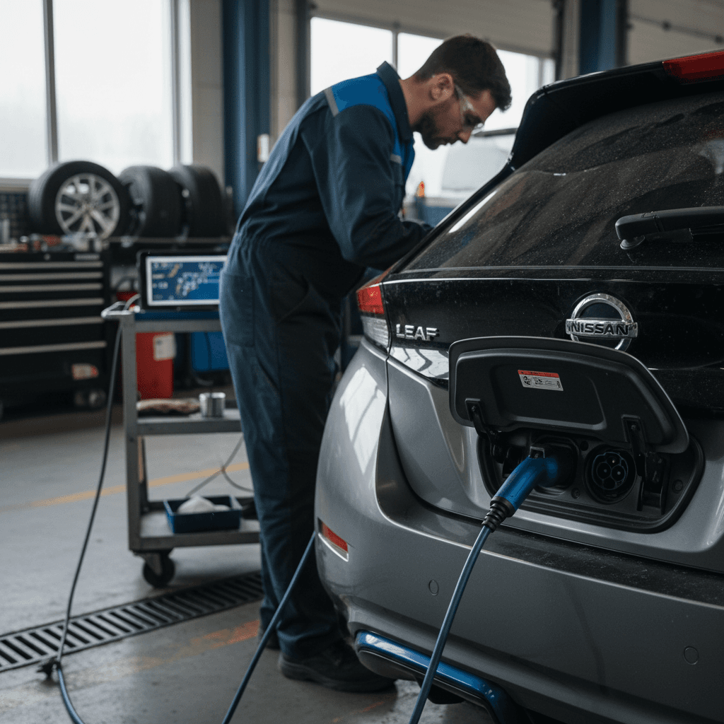 Technician inspecting the charging port and battery system on a Nissan Leaf in a service bay