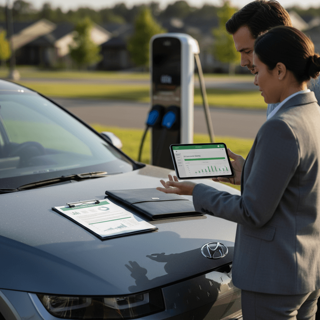 Insurance professional reviewing coverage options with a Hyundai Ioniq 5 owner in a modern office setting