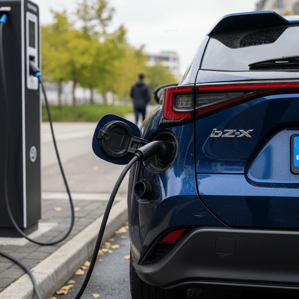 Toyota bZ4X parked at a public fast charger showing rear badging and charging port