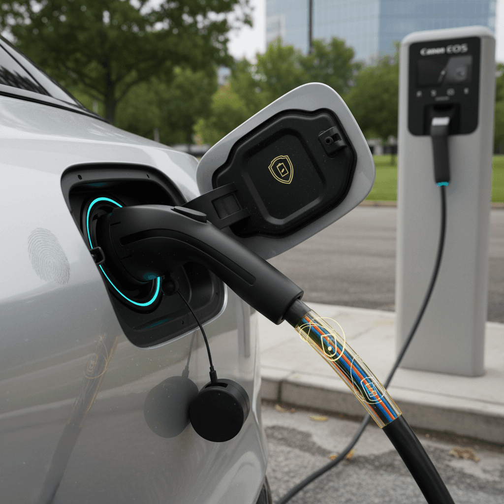 Lucid Air plugged into a charging station with focus on the charging port and cable