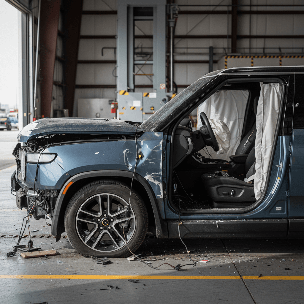 Cadillac Lyriq driving through a city street highlighting front safety sensors and cameras