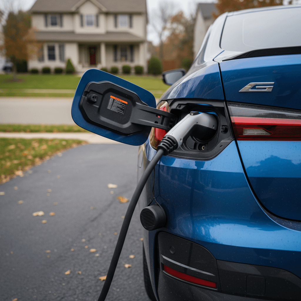 Rear three-quarter view of a 2022 BMW i4 plugged into a home charger, highlighting its charging port and condition
