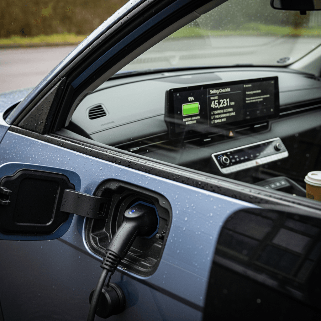 Hyundai Ioniq 5 shown plugged in with dashboard displaying battery state of charge and odometer, emphasizing what used buyers look for