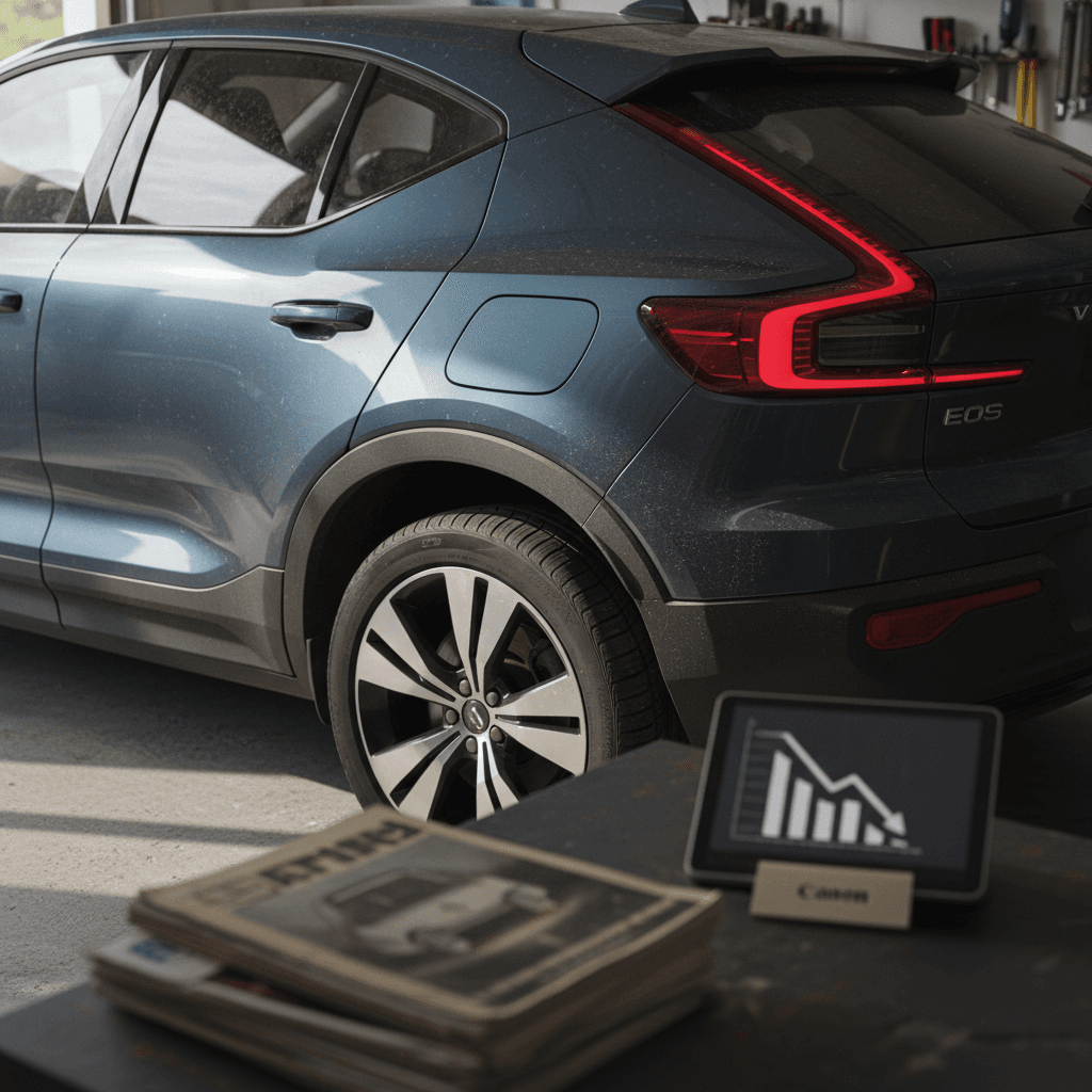 Chart-style visualization of a luxury electric SUV depreciation curve over five years compared to a flatter curve for an efficient gasoline SUV