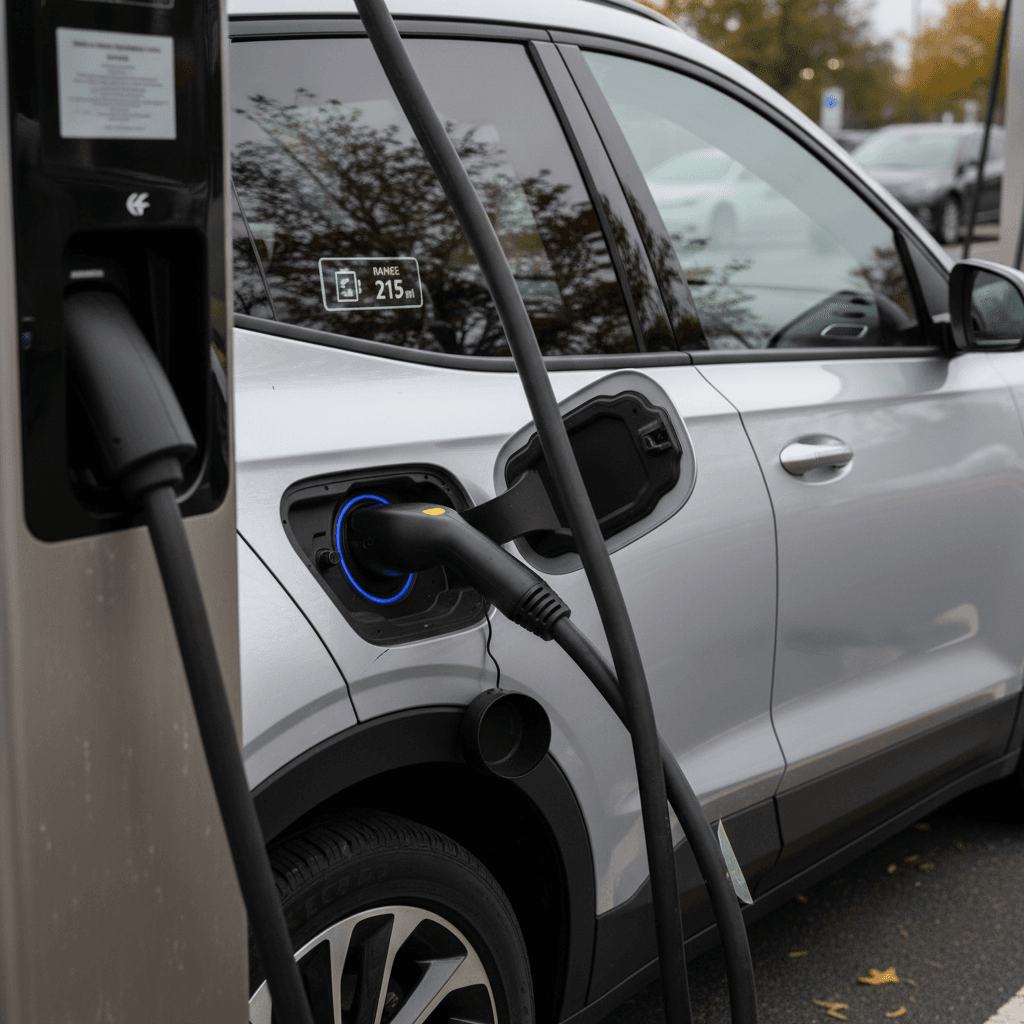 Chevrolet Bolt EUV charging at a DC fast charger with range displayed on the dashboard screen