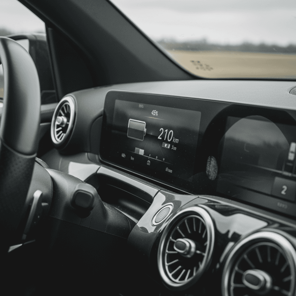 Mercedes EQB digital instrument cluster displaying battery charge and estimated electric driving range on the highway