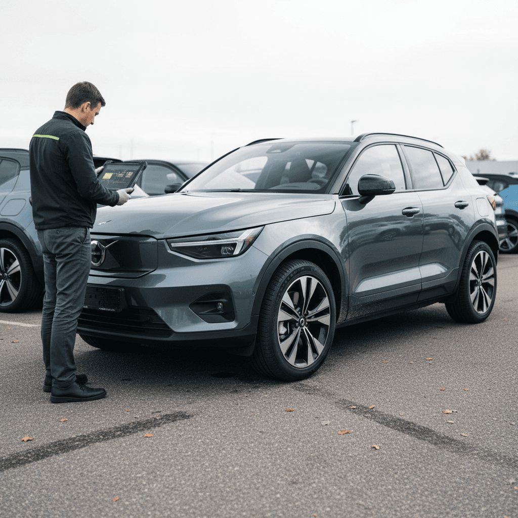 EV specialist using a tablet to evaluate a used Volvo EX30 at a modern showroom